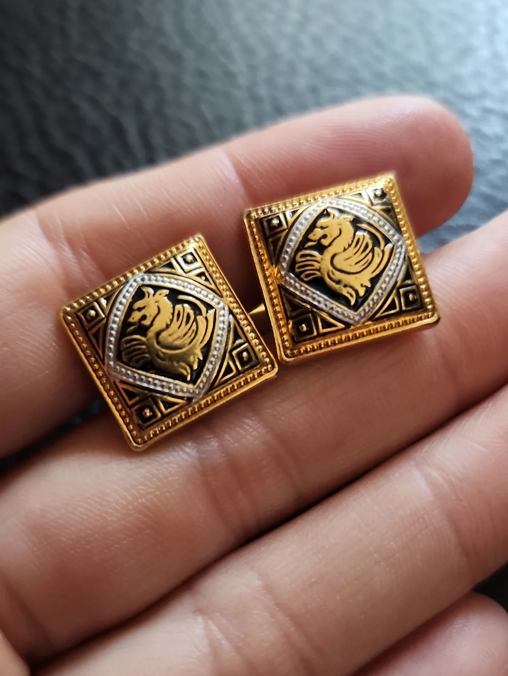 VTG Damascene Gold Tone Square Griffin Motif Cufflinks
